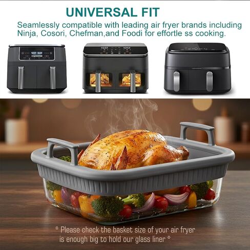 بطانة زجاجية لمقلاة الهواء متوافقة مع Ninja AF400 AF500 SL400، بطانة Airfryer قابلة لإعادة الاستخدام مع حلقة سيليكون قابلة للإزالة، خالية من BPA وPTFE، آمنة للاستخدام في غسالة الأطباق من Foodi Chefman Cosori in Kuwait