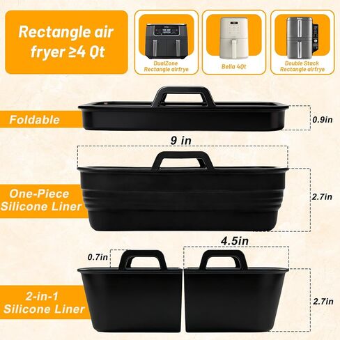 Air Fryer Silicone Liners 4-Pack for Ninja Dual Zone DZ201, DZ401, DZ550, Reusable Silicone Basket Liners for Bella 4Qt, COSORI, Chefman Rectangle 8-10Qt Airfryer in Kuwait