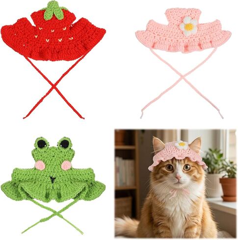 3pcs Frog and Strawberry Hat for Cat, Strawberry Dog Hat, Cute Pet Hats for Puppy Cat Kitten Dogs Birthday Party Christmas Halloween, 3 Colors in Kuwait