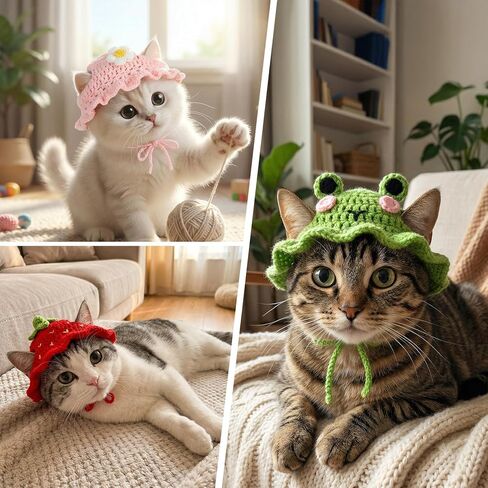 3pcs Frog and Strawberry Hat for Cat, Strawberry Dog Hat, Cute Pet Hats for Puppy Cat Kitten Dogs Birthday Party Christmas Halloween, 3 Colors in Kuwait
