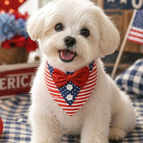 American Flag Pet Bandana with Bow Tie, Patriotic Dog Cat Scarf for Independence Day, 4th of July Pet Apparel, M in Kuwait