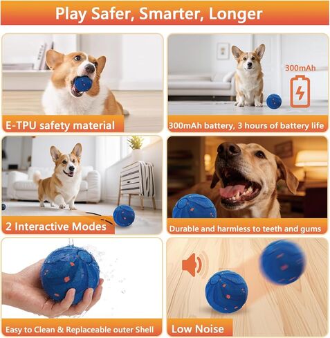 Smart Interactive Dog Toys Ball,Moving Dog Toy Ball,Automatic Moving, Bouncing, E-TPU Material, IPX7 Waterproof Rating, Pet Vibrating Dog Ball for Medium and Large Dogs-Blue in Kuwait