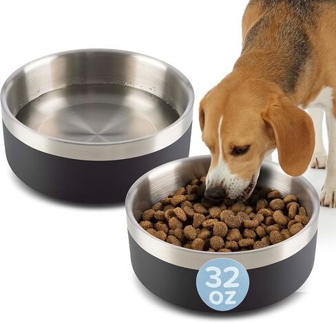 Set of 2 Stainless Steel Dog Bowls - 32oz/4 Cups Double Wall Insulated Food and Water Bowls for Dogs and Cats, Non Slip Metal Pet Dishes for Small-Medium Pets, Puppy Essentials by PETMAKER (Black) in Kuwait