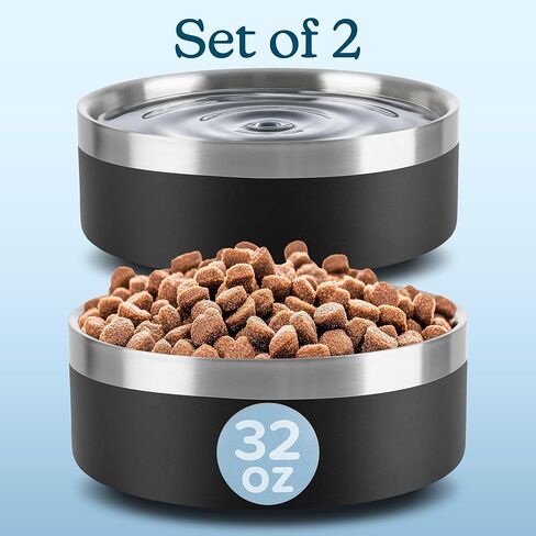 Set of 2 Stainless Steel Dog Bowls - 32oz/4 Cups Double Wall Insulated Food and Water Bowls for Dogs and Cats, Non Slip Metal Pet Dishes for Small-Medium Pets, Puppy Essentials by PETMAKER (Black) in Kuwait