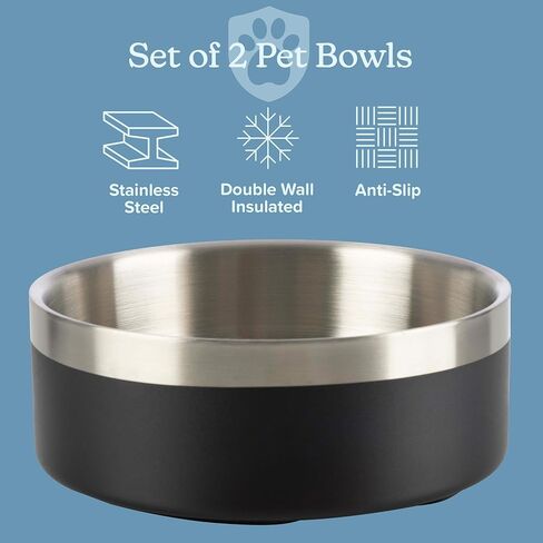 Set of 2 Stainless Steel Dog Bowls - 32oz/4 Cups Double Wall Insulated Food and Water Bowls for Dogs and Cats, Non Slip Metal Pet Dishes for Small-Medium Pets, Puppy Essentials by PETMAKER (Black) in Kuwait