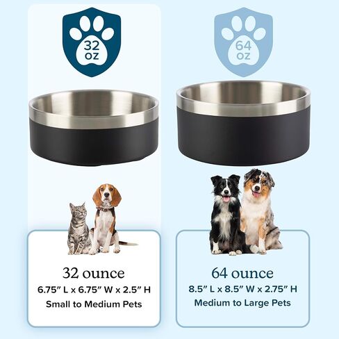 Set of 2 Stainless Steel Dog Bowls - 32oz/4 Cups Double Wall Insulated Food and Water Bowls for Dogs and Cats, Non Slip Metal Pet Dishes for Small-Medium Pets, Puppy Essentials by PETMAKER (Black) in Kuwait