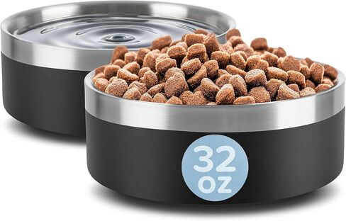Set of 2 Stainless Steel Dog Bowls - 32oz/4 Cups Double Wall Insulated Food and Water Bowls for Dogs and Cats, Non Slip Metal Pet Dishes for Small-Medium Pets, Puppy Essentials by PETMAKER (Black) in Kuwait