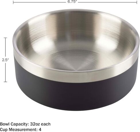 Set of 2 Stainless Steel Dog Bowls - 32oz/4 Cups Double Wall Insulated Food and Water Bowls for Dogs and Cats, Non Slip Metal Pet Dishes for Small-Medium Pets, Puppy Essentials by PETMAKER (Black) in Kuwait
