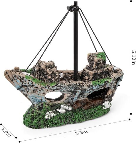 Aquarium Shipwreck Decoration Set Resin Fish Tank Ornaments Accessories for Undersea Aquarium Landscape Decor, Wreck Ship Ornament x 1pc, Aquatic Plants x 2 pcs in Kuwait
