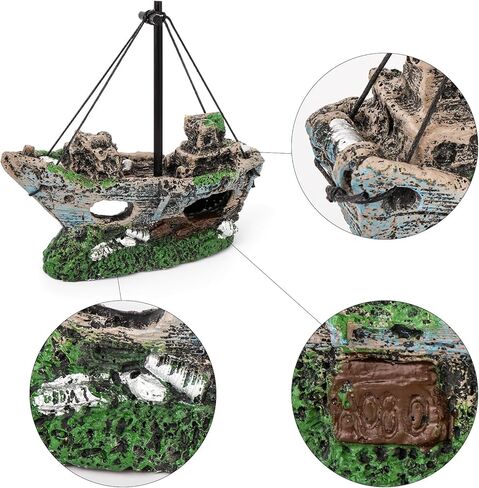 Aquarium Shipwreck Decoration Set Resin Fish Tank Ornaments Accessories for Undersea Aquarium Landscape Decor, Wreck Ship Ornament x 1pc, Aquatic Plants x 2 pcs in Kuwait