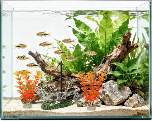 Aquarium Shipwreck Decoration Set Resin Fish Tank Ornaments Accessories for Undersea Aquarium Landscape Decor, Wreck Ship Ornament x 1pc, Aquatic Plants x 2 pcs in Kuwait