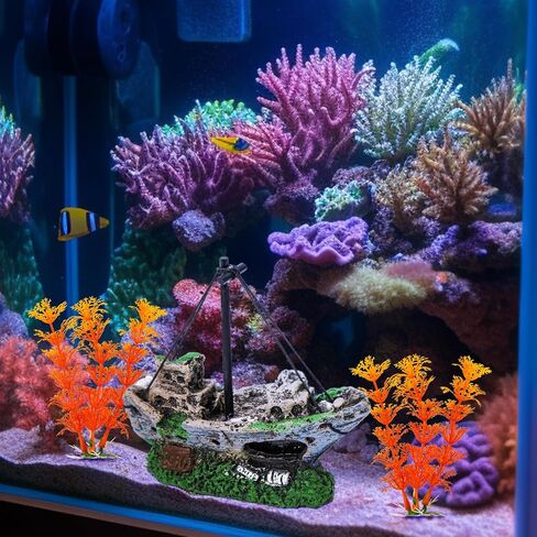 Aquarium Shipwreck Decoration Set Resin Fish Tank Ornaments Accessories for Undersea Aquarium Landscape Decor, Wreck Ship Ornament x 1pc, Aquatic Plants x 2 pcs in Kuwait