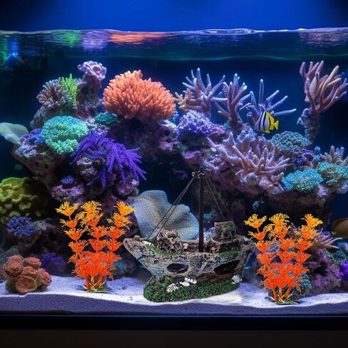 Aquarium Shipwreck Decoration Set Resin Fish Tank Ornaments Accessories for Undersea Aquarium Landscape Decor, Wreck Ship Ornament x 1pc, Aquatic Plants x 2 pcs in Kuwait