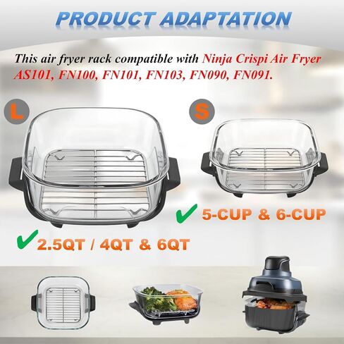 2 قطعة رفوف هش متوافقة مع Ninja Crispi AS101/FN090/091/100/101/103 2.5QT، 4QT، 6QT و6CUP زجاج، رفوف بديلة لحاويات Ninja Crispi، صينية مقلاة هوائية من الفولاذ المقاوم للصدأ، آمنة للاستخدام في غسالة الأطباق in Kuwait