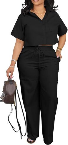 ThusFar Women Linen 2 Piece Outfits Short Sleeve Button Down Crop Top Drawstring Long Pants Suit Summer Work Lounge Set in Saudi Arabia