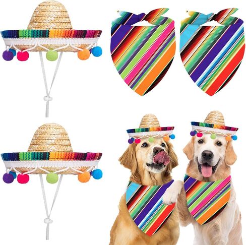 FYSUIMU Dog Sombrero Hat Pet Serape Poncho Costume Cinco De Mayo Colored Stripe Dog Bandana Pet Triangle Bib and Mexican Straw Hat with Felt Pom Ball for Carnival Mexican Party Photo Props, 4 Pcs in Kuwait