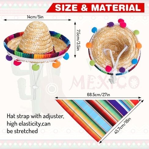 FYSUIMU Dog Sombrero Hat Pet Serape Poncho Costume Cinco De Mayo Colored Stripe Dog Bandana Pet Triangle Bib and Mexican Straw Hat with Felt Pom Ball for Carnival Mexican Party Photo Props, 4 Pcs in Kuwait