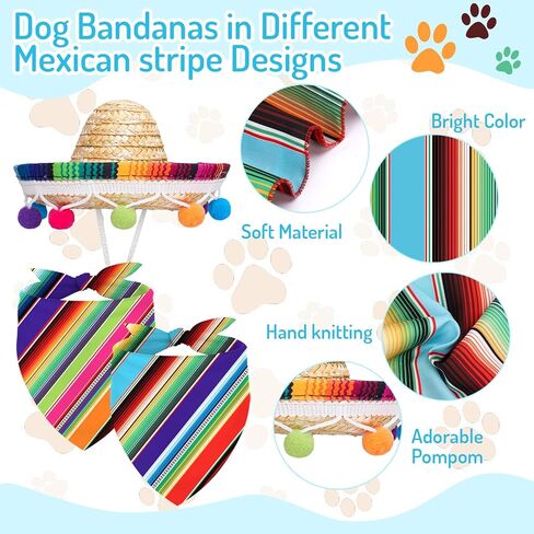 FYSUIMU Dog Sombrero Hat Pet Serape Poncho Costume Cinco De Mayo Colored Stripe Dog Bandana Pet Triangle Bib and Mexican Straw Hat with Felt Pom Ball for Carnival Mexican Party Photo Props, 4 Pcs in Kuwait