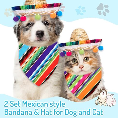 FYSUIMU Dog Sombrero Hat Pet Serape Poncho Costume Cinco De Mayo Colored Stripe Dog Bandana Pet Triangle Bib and Mexican Straw Hat with Felt Pom Ball for Carnival Mexican Party Photo Props, 4 Pcs in Kuwait