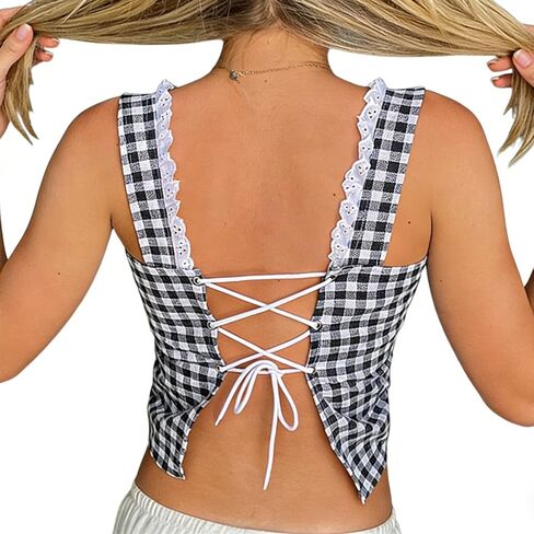 Mxiqqpltky Women Y2K Lace Trim Tank Tops Cute Tie Front Sleeveless Square Neck Button Crop Tops Sexy Plaid Slim Ruffle Vest in Saudi Arabia