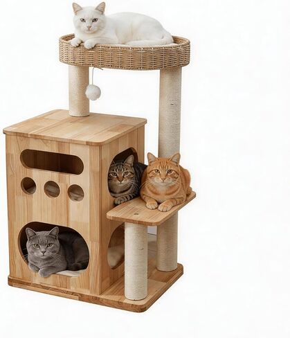 Wooden Cat Tree for Big Cats, Luxury Cat Tower with Scratching Post for Indoor Cats, Cute Cat Houses for Large Cats, Luxury Cat Condo with Handwoven Basket Easy to Clean in Kuwait