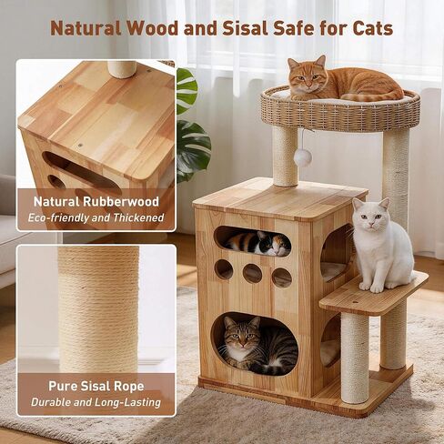 Wooden Cat Tree for Big Cats, Luxury Cat Tower with Scratching Post for Indoor Cats, Cute Cat Houses for Large Cats, Luxury Cat Condo with Handwoven Basket Easy to Clean in Kuwait