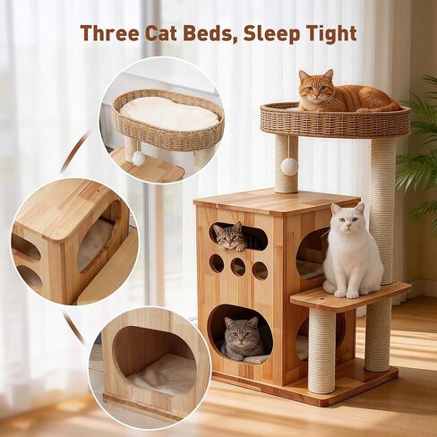 Wooden Cat Tree for Big Cats, Luxury Cat Tower with Scratching Post for Indoor Cats, Cute Cat Houses for Large Cats, Luxury Cat Condo with Handwoven Basket Easy to Clean in Kuwait
