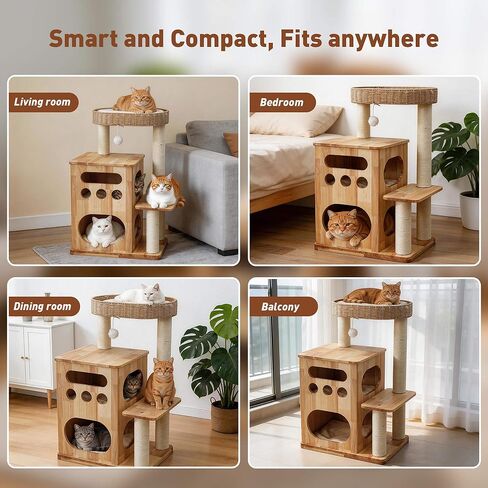 Wooden Cat Tree for Big Cats, Luxury Cat Tower with Scratching Post for Indoor Cats, Cute Cat Houses for Large Cats, Luxury Cat Condo with Handwoven Basket Easy to Clean in Kuwait