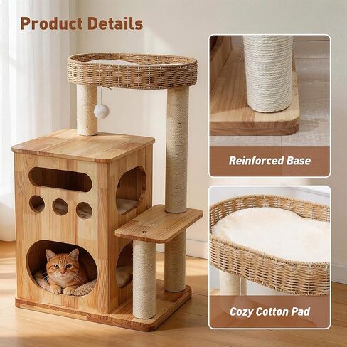 Wooden Cat Tree for Big Cats, Luxury Cat Tower with Scratching Post for Indoor Cats, Cute Cat Houses for Large Cats, Luxury Cat Condo with Handwoven Basket Easy to Clean in Kuwait