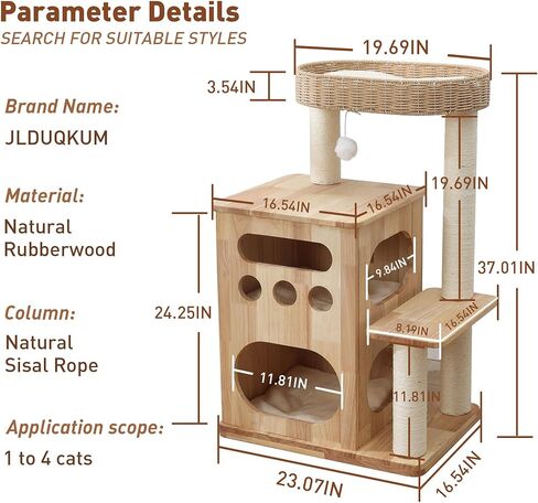 Wooden Cat Tree for Big Cats, Luxury Cat Tower with Scratching Post for Indoor Cats, Cute Cat Houses for Large Cats, Luxury Cat Condo with Handwoven Basket Easy to Clean in Kuwait