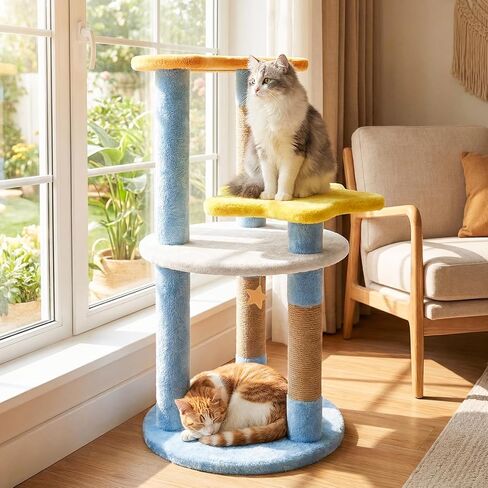PETSITE 29-inch Cute Cat Tree, Multi-Level Small Cat Tree with Jute Scratching Post, Dangling Toy, Star and Moon-Shaped Perches, Ideal for Indoor Cats (Blue) in Kuwait