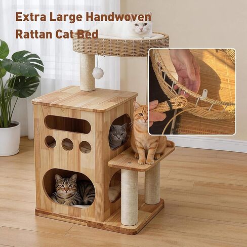 Wooden Cat Tree for Big Cats, Luxury Cat Tower with Scratching Post for Indoor Cats, Cute Cat Houses for Large Cats, Luxury Cat Condo with Handwoven Basket Easy to Clean in Kuwait