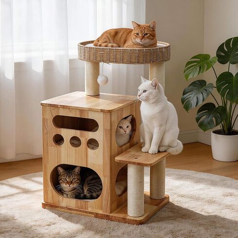 Wooden Cat Tree for Big Cats, Luxury Cat Tower with Scratching Post for Indoor Cats, Cute Cat Houses for Large Cats, Luxury Cat Condo with Handwoven Basket Easy to Clean in Kuwait