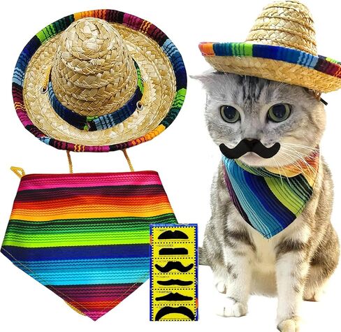 Mexican Pet Costume Set with Sombrero Hat, Colorful Striped Bandana Scarf and Mustache for Cats and Dogs in Kuwait