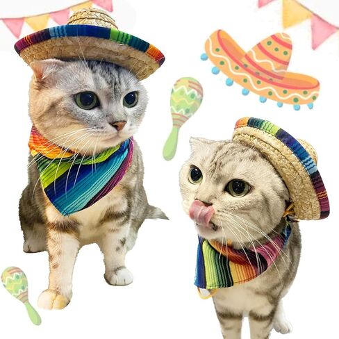 Mexican Pet Costume Set with Sombrero Hat, Colorful Striped Bandana Scarf and Mustache for Cats and Dogs in Kuwait