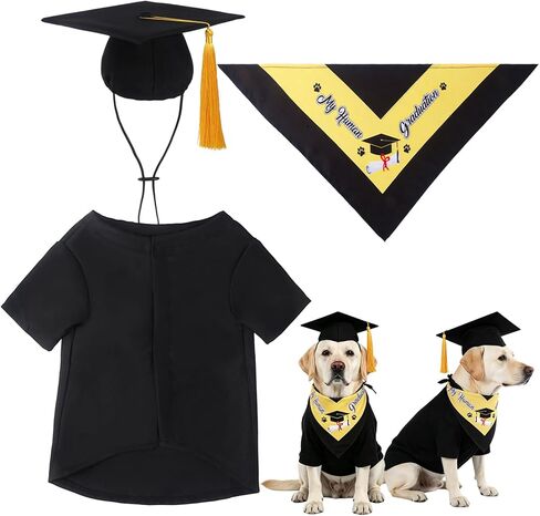 QKURT Dog Graduation Cap and Gown Costume Set-Pet Graduation Attire, Black Hat Cap with Gold Tassel, Dog Bandana for Dogs Holiday Costume Accessory, Adjustable in Kuwait