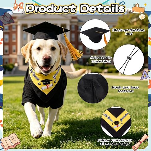 QKURT Dog Graduation Cap and Gown Costume Set-Pet Graduation Attire, Black Hat Cap with Gold Tassel, Dog Bandana for Dogs Holiday Costume Accessory, Adjustable in Kuwait