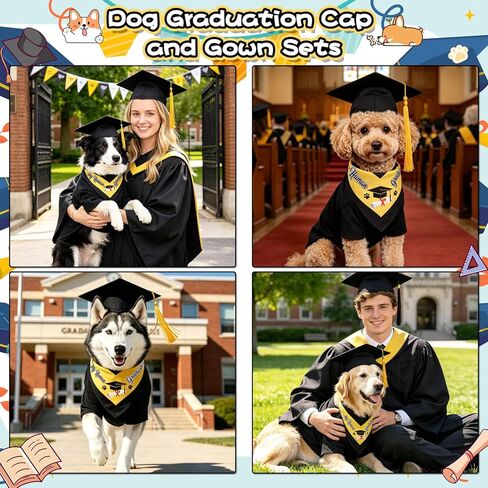 QKURT Dog Graduation Cap and Gown Costume Set-Pet Graduation Attire, Black Hat Cap with Gold Tassel, Dog Bandana for Dogs Holiday Costume Accessory, Adjustable in Kuwait