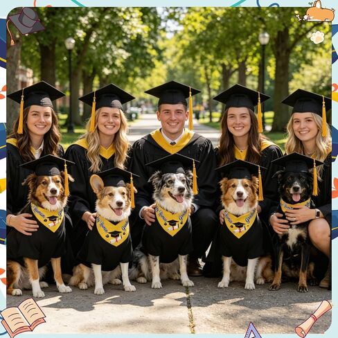 QKURT Dog Graduation Cap and Gown Costume Set-Pet Graduation Attire, Black Hat Cap with Gold Tassel, Dog Bandana for Dogs Holiday Costume Accessory, Adjustable in Kuwait