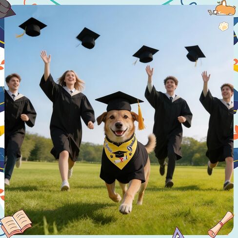QKURT Dog Graduation Cap and Gown Costume Set-Pet Graduation Attire, Black Hat Cap with Gold Tassel, Dog Bandana for Dogs Holiday Costume Accessory, Adjustable in Kuwait