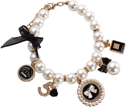 Pet Collars Sweet Cat Jewelry Pearl Rhinestone Princess Puppy Accessories Bow Collar(L,Black) in Kuwait
