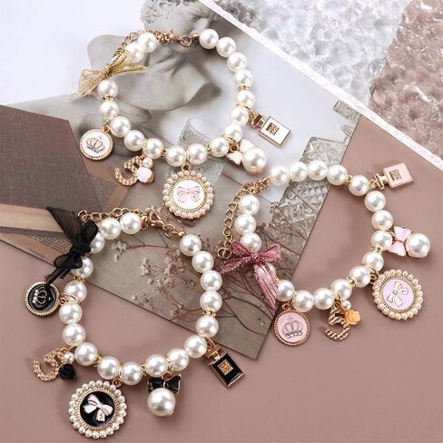 Pet Collars Sweet Cat Jewelry Pearl Rhinestone Princess Puppy Accessories Bow Collar(L,Black) in Kuwait