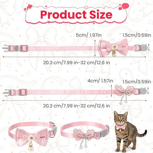 2 Pcs Pink Cat Collar with Bow, Adjustable Cute Kitten Collars with Bell Adorable Breakaway Safety Cat Bowtie Collar for Girl Cats in Kuwait