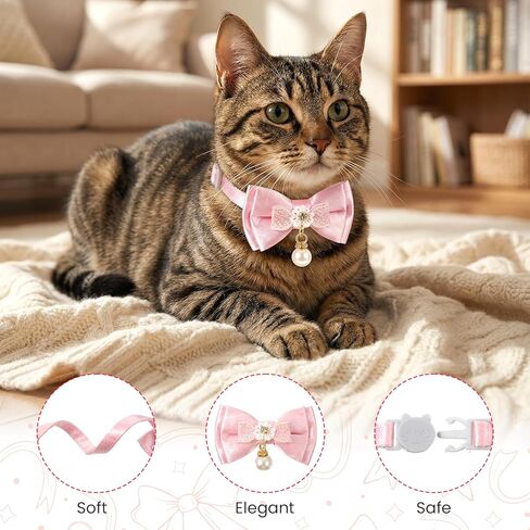 2 Pcs Pink Cat Collar with Bow, Adjustable Cute Kitten Collars with Bell Adorable Breakaway Safety Cat Bowtie Collar for Girl Cats in Kuwait