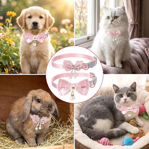 2 Pcs Pink Cat Collar with Bow, Adjustable Cute Kitten Collars with Bell Adorable Breakaway Safety Cat Bowtie Collar for Girl Cats in Kuwait
