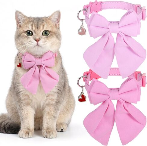 2 Pcs Cat Collar with Bow, Adjustable Breakaway Safety Collar with Bells & Bowtie, Soft Polyester for Small Cats 9.1-12.2 Inch, Pink & Rose in Kuwait