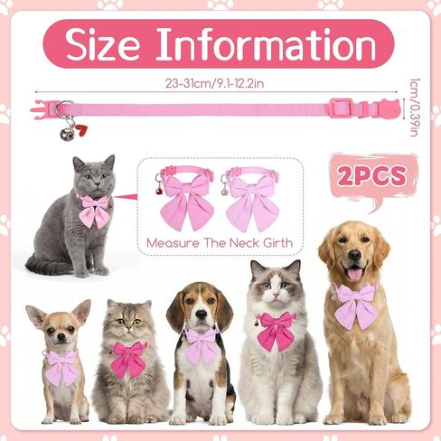 2 Pcs Cat Collar with Bow, Adjustable Breakaway Safety Collar with Bells & Bowtie, Soft Polyester for Small Cats 9.1-12.2 Inch, Pink & Rose in Kuwait