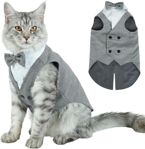 QBLEEV Cat Tuxedo Outfit, Sphynx Cat Costume for Cats Only, Formal Kitten Clothes Attire Suit with Bow Tie, Stylish Birthday Wedding Party Photo Shoots Costume for Male Female Cats, L, Grey in Kuwait