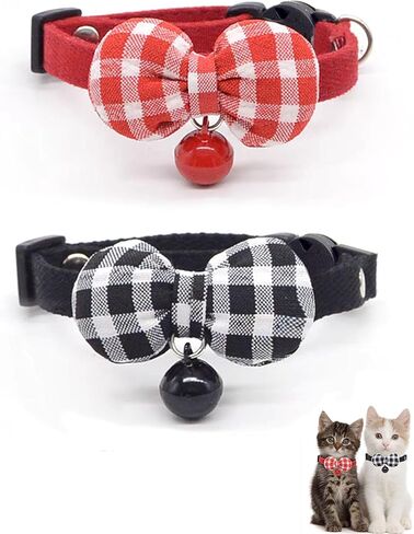 2 Pack Soft Breakaway Safety Cat Collar，Kitten Collar with Bell and Bow Tie,Adjustable Breakaway Cotton Collar for Kitty and Puppy (Plaid-Red Black) in Kuwait