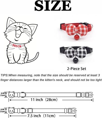 2 Pack Soft Breakaway Safety Cat Collar，Kitten Collar with Bell and Bow Tie,Adjustable Breakaway Cotton Collar for Kitty and Puppy (Plaid-Red Black) in Kuwait